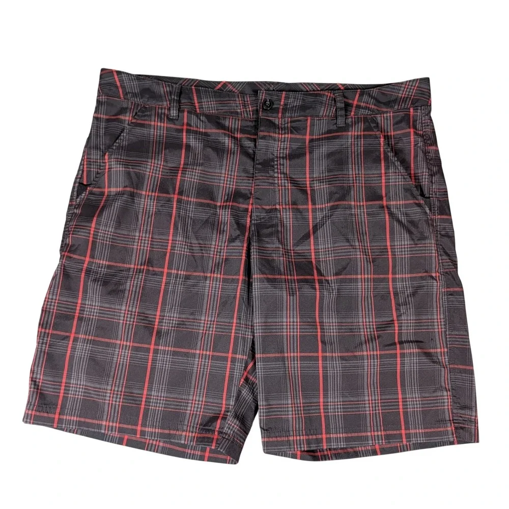 Fila Sport Golf Shorts Mens Black Red Plaid Flat Front Performance Activewear